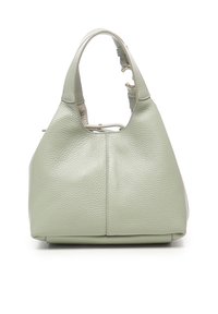 Borsa a mano in pelle verde con una finitura testurizzata, dotata di manici corti e design arrotondato. Include un dettaglio sottile di cucitura sulla parte anteriore.