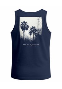 Navyblauer Tanktop mit einem Grafikmotiv von Palmen in Schwarzweiß und dem Text "Nimm mich mit ins Paradies" unter dem Design.