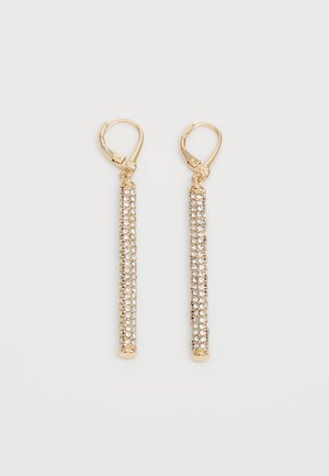 Pair of gold-tone leverback earrings with long vertical bars encrusted with small clear rhinestones on a white background.
