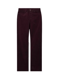 Pantalon en velours côtelé bordeaux foncé à jambe droite, avec poches avant, fermeture à bouton et passants de ceinture, posé à plat sur un fond blanc.