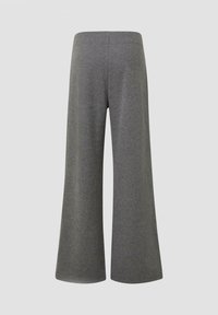 Graue weit geschnittene Hose aus einem weichen, dehnbaren Stoff. Verfügt über einen glatten Bund und ein schlichtes, minimalistisches Design ohne Verzierungen.