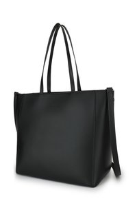 Black leather tote bag with two handles and an adjustable shoulder strap. Features a smooth texture and simple, modern rectangular design.