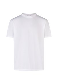 Witte katoenen t-shirt met een ronde hals, korte mouwen en een gladde textuur. Er zijn geen patronen of accenten zichtbaar.