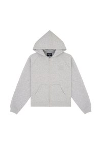 Felpa leggera grigia con zip realizzata in tessuto morbido, dotata di cappuccio, maniche raglan e due tasche frontali. Dettaglio del logo discreto sul petto.