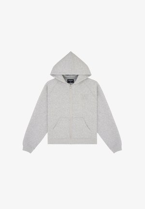 Jasnoszara bluza zapinana na zamek wykonana z miękkiego materiału, z kapturem, rękawami raglanowymi i dwoma przednimi kieszeniami. Subtelny detal z logo na klatce piersiowej.