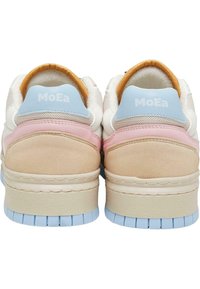Sneakers with a cream mesh upper, pink and tan suede accents, blue heel tabs, and light blue rubber soles; logo on heel.