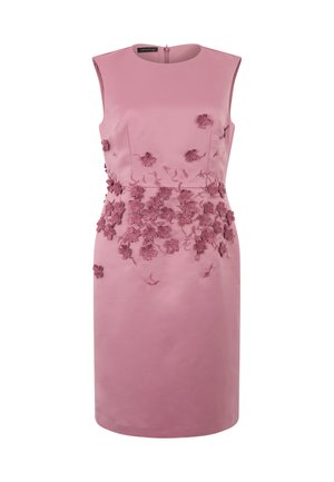 Sleeveless pink knee-length dress with 3D floral embroidery around the waist and upper bodice, featuring a round neckline and back zipper closure.