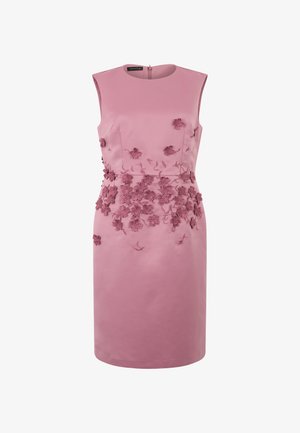 Sleeveless pink knee-length dress with 3D floral embroidery around the waist and upper bodice, featuring a round neckline and back zipper closure.