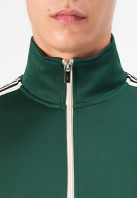 Veste zippée verte avec un col haut, dotée d'une fermeture éclair blanche et de accents de rayures noires sur les épaules. Texture lisse.