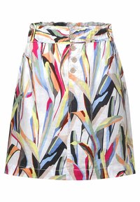 Monivärinen A-linjainen hame, jossa on kukkakuosi, varustettuna rypistyneellä vyötäröllä, nappisulkimella ja kevyellä kangastekstuuriolla.