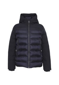 Giacca a vento navy con cappuccio, caratterizzata da un design trapuntato, tasche laterali con zip e una texture liscia che contrasta con le maniche opache.