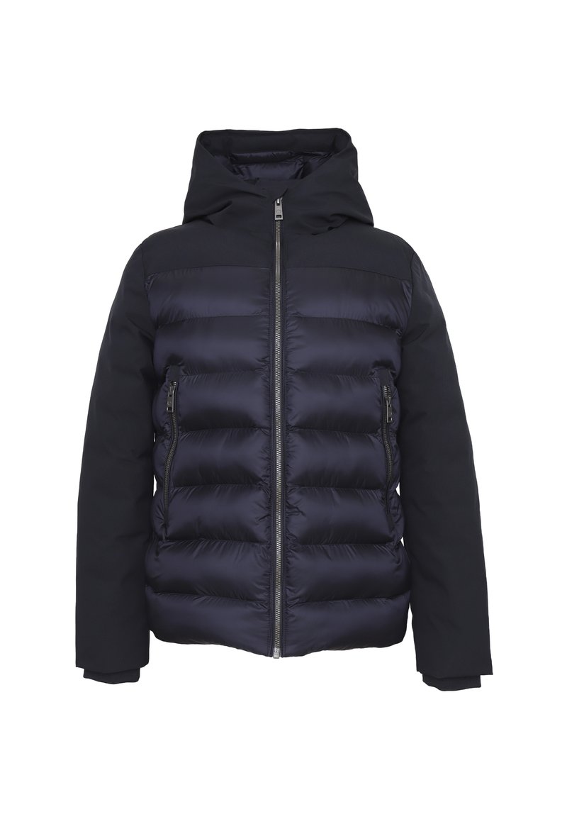 Giacca a vento navy con cappuccio, caratterizzata da un design trapuntato, tasche laterali con zip e una texture liscia che contrasta con le maniche opache.