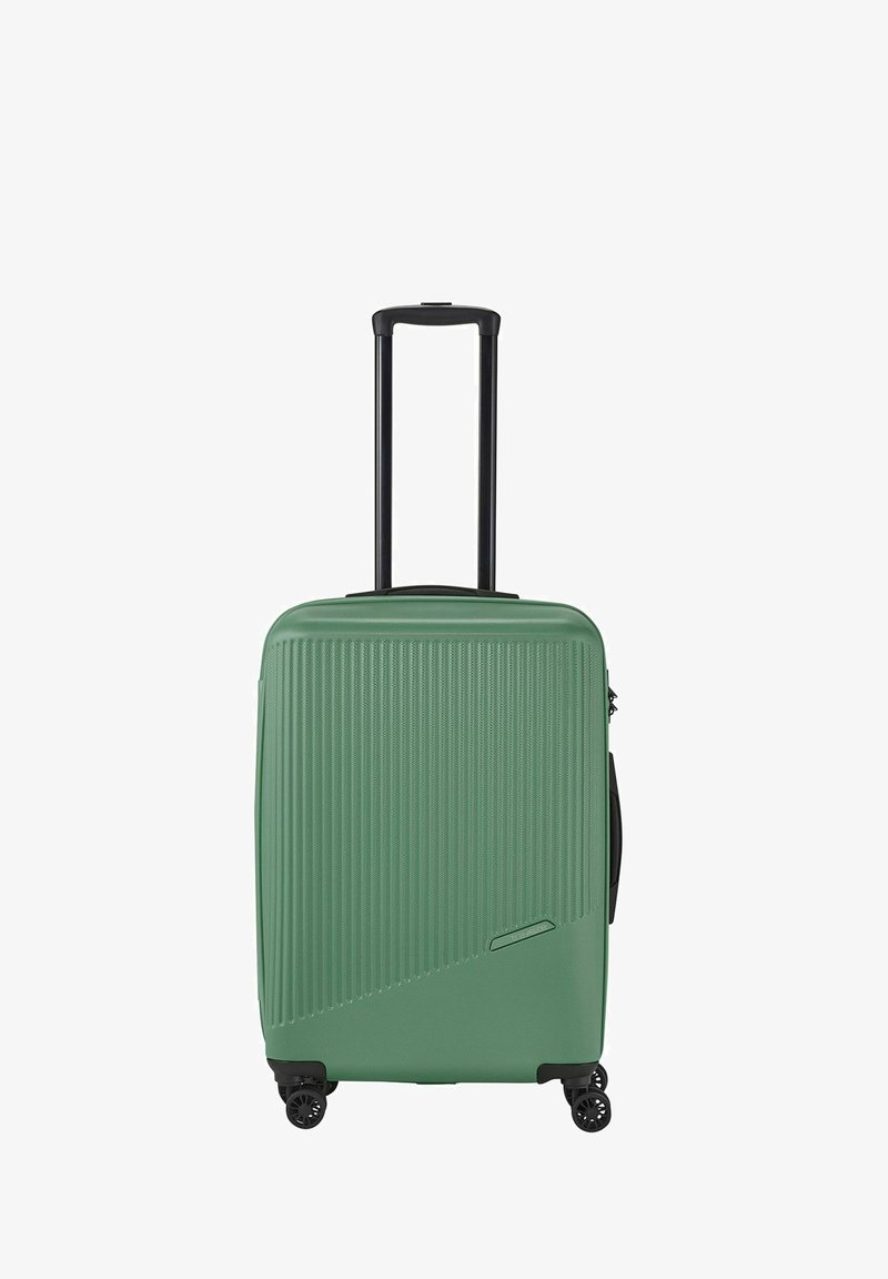 Green hard-shell suitcase with vertical ridges, black double wheels, a retractable handle, and a side zippered pocket. Smooth texture.