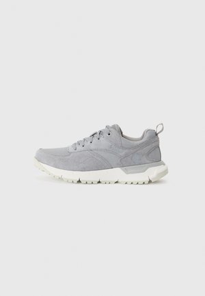 Gray suede sneaker with mesh accents, lace-up design, padded collar, and white rubber sole featuring a textured tread pattern.