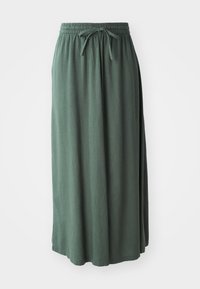Dlouhá zelená sukně vyrobená z jemného materiálu, s elastickým pasem a stahovací šňůrkou. Design je jednoduchý s volným střihem.