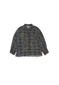 Camisa de cuadros marrón y azul con mangas largas, frente abotonado y patrones abstractos amarillos. Fabricada con un tejido suave y texturizado.