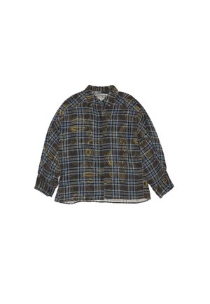 Brązowa i niebieska koszula w kratę z długimi rękawami, z zapięciem na guziki z przodu oraz żółtymi abstrakcyjnymi wzorami. Wykonana z miękkiego, teksturowanego materiału.