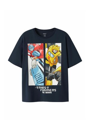 Granatowy T-shirt z grafiką podzielonego panelu przedstawiającą czerwono-niebieskiego robota oraz żółto-czarnego robota z filmu Transformers.