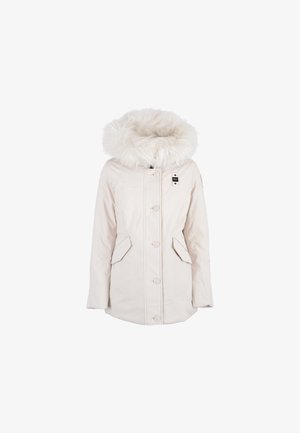 Witte parka jas met een faux fur voering in de capuchon, twee voorkeurs, en knoopsluiting, met een gladde textuur en rechte snit.