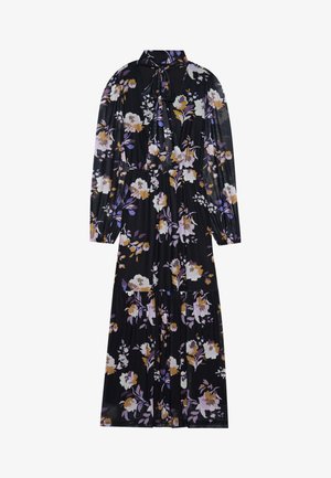 Ziedu maxi kleita ar melnu fonu, kurā redzami purpursarkani, dzelteni un balti ziedi. Garas piedurknes, kakla saite un kārtainas svārku dizains.