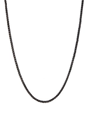 Čierny metalový náhrdelník s prekrúteným reťazovým dizajnom, ktorý má hladké, zaoblené očká a jednotnú textúru po celej dĺžke.