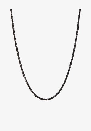 Čierny metalový náhrdelník s prekrúteným reťazovým dizajnom, ktorý má hladké, zaoblené očká a jednotnú textúru po celej dĺžke.