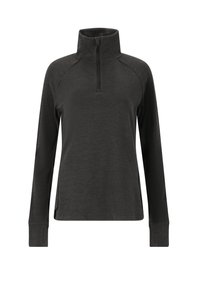 Schwarzer Pullover mit halbem Reißverschluss, langen Ärmeln und einem weichen, strukturierten Stoff. Mit Raglanärmeln und Seitenschlitzen.