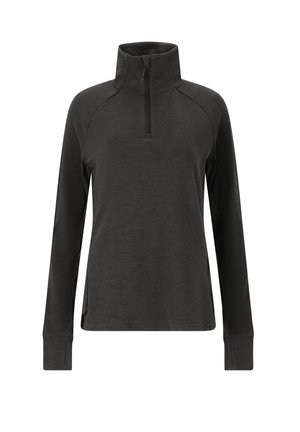 Musta paita, jossa on puolivetoketju, pitkät hihat ja pehmeä, teksturoitu kangas. Sisältää raglan-hihadesignin ja sivuleikkaukset.