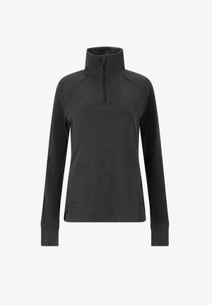 Maglione nero con collo a mezza zip, maniche lunghe e un tessuto morbido e testurizzato. Presenta un design delle maniche raglan e spacchi laterali.