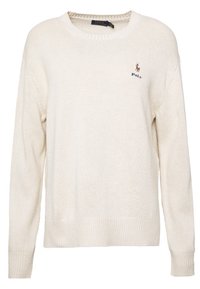 Helle Strickjacke aus dünnem Material mit rundem Ausschnitt, gerippten Bündchen und Saum. Mit gesticktem "Polo"-Logo auf der linken Brust.
