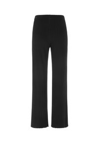 Black ribbed wide-leg pants with an elastic waistband. Features vertical texture and a clean, straight silhouette at the hem.
