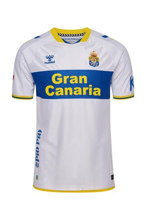 Hvid fodboldtrøje med gullig krave og kant, blå brystbånd med "Gran Canaria" i gult, Hummel-logo og holdmærke på brystet.