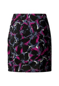 Blumenrock mit schwarzem Grund und großen, lebhaften rosa und blauen Blumen. Aus strukturiertem Stoff gefertigt, mit taillierter Silhouette.