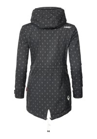 Black jacket with a hood and subtle patterned design. Features drawstring at the waist, elastic cuffs, and a logo on the shoulder.