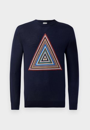 Mörkblå tröja med en central flerfärgad triangeldesign med lager av mönster i röd, brun, blå och krämfärg. Långa ärmar och rundad halsringning.