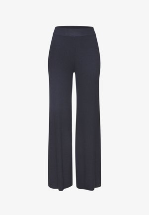 Navy blue wide-leg pants with an elastic high waistband, made from a ribbed knit fabric.