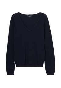 Marinblå långärmad tröja med v-ringning. Har texturerade nätpaneler på ärmarna och ribbade detaljer vid ärmsluten och nederkanten. Mjuk tyg.