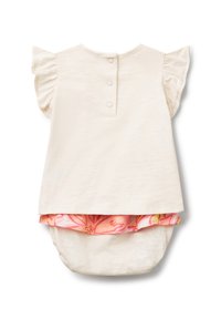 Cremfarbener Oberteil mit schwingenden Ärmeln und Knopfverschluss auf der Rückseite. Dazu passende rosa floral gemusterte Hosen.