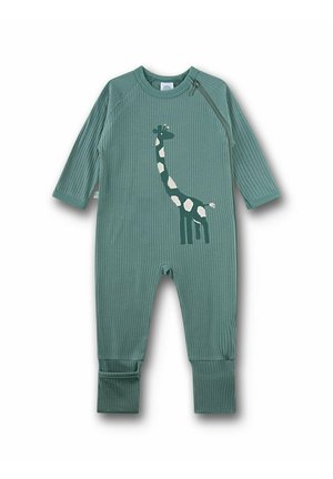 Grenouillère bébé verte côtelée à manches longues, fermeture éclair à l'épaule et motif girafe sur le devant.