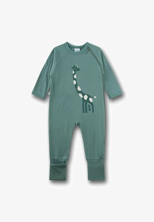 Grüner gerippter Babystrampler mit langen Ärmeln, Reißverschluss an der Schulter und Giraffenaufdruck vorne.