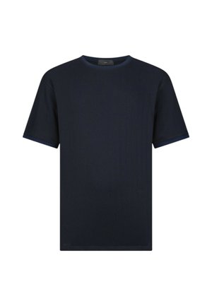 T-shirt a maniche corte blu navy realizzato in morbido cotone, con scollatura a girocollo e bordi a contrasto attorno al collo e alle maniche.