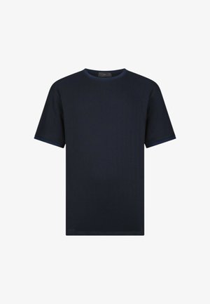 T-shirt a maniche corte blu navy realizzato in morbido cotone, con scollatura a girocollo e bordi a contrasto attorno al collo e alle maniche.