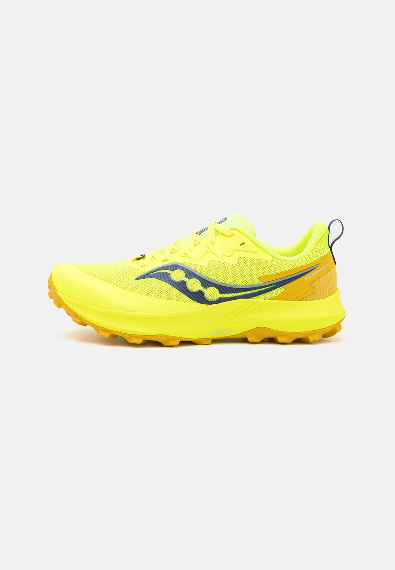 Neon yellow running shoes with a textured mesh upper, blue accents, and a durable rubber sole featuring deep treads for traction.