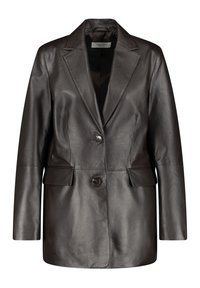 Skórzana marynarka w ciemnoszarym kolorze z wyraźną konstrukcją, klapy z wycięciem, dwie przednie kieszenie oraz zapięcie na dwa guziki. Gładka tekstura.