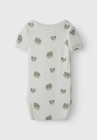 Body per neonato a maniche corte in cotone color crema chiaro, con motivi ripetuti di coniglietti grigio-verdi e fiori, dotato di scollo rotondo e chiusure a pressione.