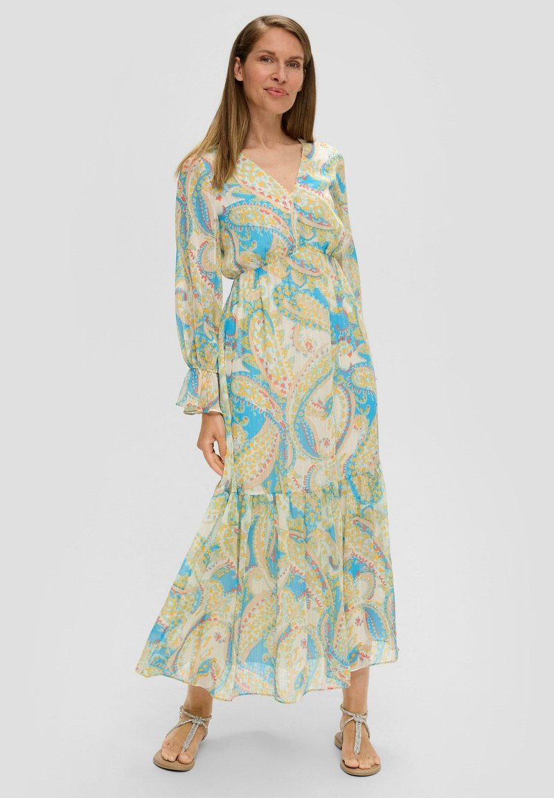 Maxikleid aus leichtem Stoff mit einem blauen und pastellfarbenen Paisleymuster, langen Ärmeln, V-Ausschnitt und gestuftem Saum mit Rüschendetails.
