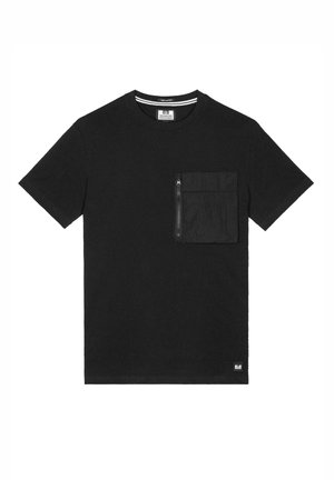 Tricou negru din bumbac, cu mâneci scurte și un buzunar pe piept cu fermoar. Design simplu, cu o etichetă a brandului în colțul din stânga jos.