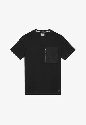 Black T-shirt made of cotton, featuring short sleeves and a zippered chest pocket. Plain design with a brand label at the bottom left.