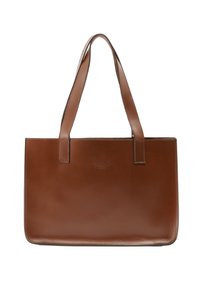 Sac fourre-tout en cuir marron avec une texture lisse, en forme rectangulaire, doté de deux longues anses et d'un discret logo en relief sur le devant.