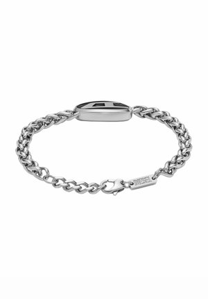 Silver-tone metal bracelet with a twisted chain design, featuring a rectangular black centerpiece and a branded clasp.